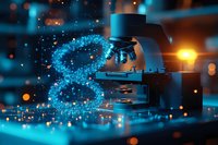 Microscope with glowing DNA helix structure floating above in blue light, scientific research concept with bokeh effect and dramatic lighting.