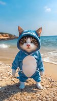 Tabby cat wearing blue dinosaur costume stands on beach with ocean waves in background. Cute pet dressed up in playful outfit poses near shoreline on sunny day.