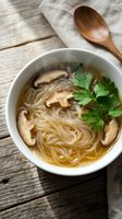 Asian noodle soup with mushrooms and herbs in white bowl on rustic wooden table with wooden spoon for healthy comfort food and restaurant menu design.