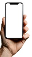 Male hand holding modern smartphone with blank white screen isolated on white background for app presentation and mobile technology mockup design.