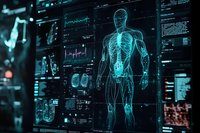 Futuristic medical interface displaying holographic human anatomy with skeletal system visualization and diagnostic data on dark background with blue glow effect.