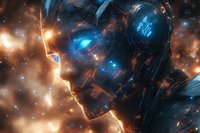 Futuristic android face with glowing blue eyes and intricate technological patterns against cosmic background, orange and blue light effects create dramatic atmosphere.