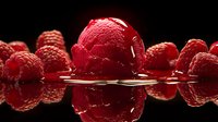 Red raspberry sorbet scoop surrounded by fresh raspberries on reflective black surface with dramatic lighting creating mirror effect and luxurious mood.