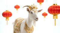 White goat with golden decorative elements and red Chinese lanterns for lunar new year celebration and festive holiday design projects.