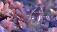 Clear quartz crystal point nestled among delicate pink and purple spring blossoms, creating ethereal magical atmosphere with soft dreamy lighting.