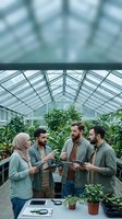Diverse team of botanists and researchers discussing plant cultivation in modern greenhouse facility surrounded by lush tropical vegetation and potted plants.