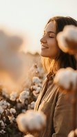 Young woman with closed eyes smiling peacefully among cotton plants during golden hour sunset, expressing serenity and connection with nature.