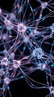 Neural network connections with glowing synapses and electric impulses on dark background for medical and scientific presentations.