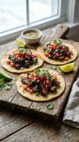 Grilled beef tacos with charred meat, fresh diced tomatoes, cilantro, and lime served on corn tortillas on rustic wooden board near window for food styling and restaurant menu use.