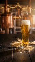 Fresh golden beer glass with foam on wooden table with wheat stalks in warm brewery atmosphere with copper tanks and bokeh lights background.