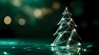 Geometric neon Christmas tree made of glowing lines and dots on dark background with bokeh lights, modern minimalist holiday concept in turquoise colors.