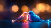 Glowing neon love birds kissing with magical bokeh background, romantic fantasy art with pink and blue luminescent birds reflecting on dark surface.