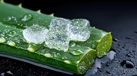 Fresh aloe vera plant leaves with ice cubes and water drops on dark background, close up macro shot showing natural moisturizing skincare concept.