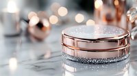 Luxurious rose gold cosmetic jar with sparkling diamond powder on reflective surface against soft bokeh background, elegant beauty product photography.