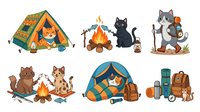 Camping tent with cat, campfire with black cat, cat with lantern, cats around bonfire, dome tent with cat, and camping gear with backpack isolated on white background, ready for design use on merchandise, apparel, and promotional materials.