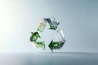 Crystal clear recycling symbol with green liquid inside on light background, environmental conservation concept for sustainability campaigns.