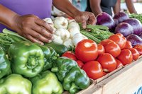 Fresh organic produce display with African American hands arranging vegetables, including red tomatoes, green bell peppers, garlic bulbs and purple onions in wooden crate.