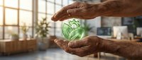Male hands with medium-dark skin tone cradling green leaf symbol in bright office environment, representing environmental care, sustainability, eco-friendly business practices and corporate responsibility.