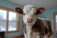 Adorable fluffy brown and white baby calf with big blue eyes standing indoors, looking curiously at camera in cozy winter home setting.