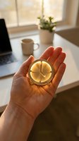 Hand holding glowing alarm clock at office desk with laptop, coffee mug and potted plant in background, symbolizing time management and productivity in workplace.