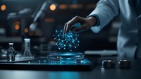 Scientist manipulating glowing blue molecular structure hologram in dark laboratory with experimental equipment. Modern research visualization concept.