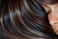 Close up view of glossy brown hair with subtle highlights and natural shine showing healthy, smooth texture and professional hair coloring technique.