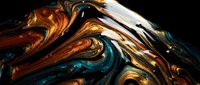 Abstract fluid art with swirling copper, teal and black paint creating dynamic waves and marble textures for modern design projects and digital backgrounds.