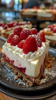 Fresh strawberry cheesecake slice with whipped cream rosettes and powdered sugar on cookie crust, showcasing layers of creamy filling and bright red berries.
