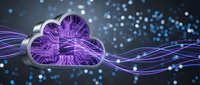 Cloud computing technology with purple circuit board pattern and flowing data streams on dark digital background with bokeh lights.