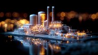 Industrial refinery plant illuminated at night with glowing lights reflecting on water surface, creating magical bokeh effect in miniature tilt-shift style.