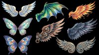Colorful wings clipart set with angel, dragon, phoenix, fairy, steampunk, butterfly, and Celtic styles, isolated on transparent background for stickers, t-shirt design, print on demand.