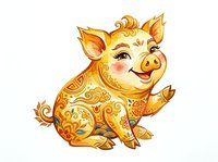 Cheerful golden pig with ornate decorative patterns and flourishes, isolated on white background, suitable for children's illustrations, greeting cards, and festive designs.