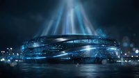 Futuristic holographic stadium with glowing blue light beams and digital grid patterns on dark background for sports technology concepts.