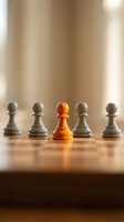 Orange chess pawn standing out among gray pawns on wooden surface with blurred background. Represents leadership, uniqueness, strategy, and competitive advantage for business concepts.