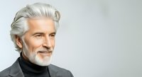 Mature man with silver hair and beard wearing dark turtleneck, professional headshot against neutral background for corporate, business, and lifestyle design projects.