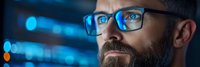 Focused businessman with glasses analyzing digital data on computer screen in modern office environment with blue light technology background.