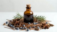 Amber glass bottle with cork surrounded by winter spices including star anise, cinnamon sticks, juniper berries and evergreen branches on white background.