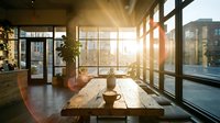 Sunlit cafe interior with rustic wooden table, latte cup, and green plants by large windows at golden hour sunrise.