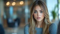 Young Caucasian woman with blonde hair and blue eyes wearing gray sweater looking at camera with soft bokeh lights in background, natural makeup and gentle expression.