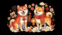 Pair of smiling Shiba Inu dogs wearing red scarves surrounded by festive ornaments, lanterns, and decorative elements on transparent background. Ready for t-shirt design, stickers, clipart, and print-on-demand products.