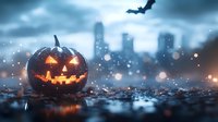Glowing carved pumpkin on wet ground with city skyline and flying bat silhouette in moody blue twilight atmosphere with magical bokeh lights and reflections.