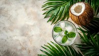 Fresh coconut cocktail with mint leaves and ice cubes served with palm leaves on light textured background. Summer tropical beverage concept.