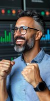 Middle-aged Asian businessman with salt and pepper beard wearing glasses celebrates success against background of financial charts and data visualization displays.
