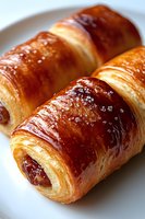 Fresh baked sausage rolls with flaky puff pastry, golden brown crust topped with coarse salt crystals on white plate, close up view of pastries.