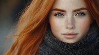 Young woman with natural red hair, freckles and blue eyes wearing gray knit scarf looking at camera with gentle smile against blurred background.