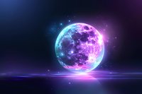 Glowing full moon in neon colors reflecting on water surface with stars and cosmic dust, mystical night sky atmosphere in purple and blue tones.