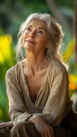 Elegant mature woman with long silver hair gazing upward with serene expression, wearing natural linen clothing against soft-focus garden background with yellow flowers.