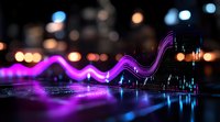 Financial chart with glowing purple wave line against dark background with bokeh lights, showing market data analysis and trading statistics.