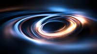Glowing spiral light trails with orange and blue colors swirling in dark space create dynamic motion effect against black background. Suitable for tech and science designs.