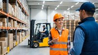 Female warehouse worker in safety vest discussing logistics with male supervisor in modern distribution center with forklift and storage shelves.